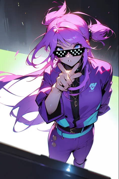 top angle view a cool waifu 90s hip hop star rapper, pointing and showcasin g her swagger dope ass dealwithit