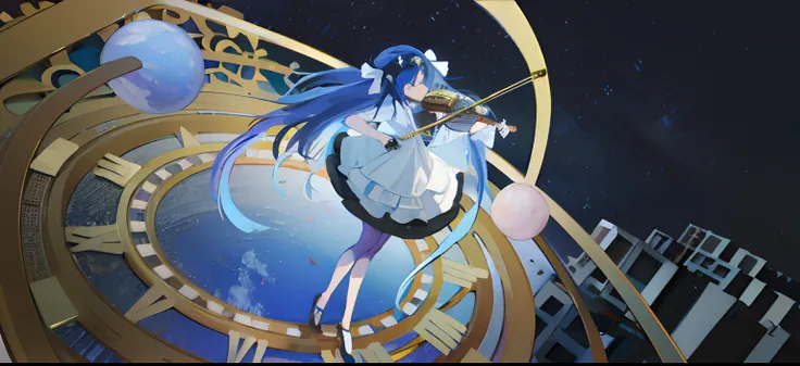 Blue hair Wearing white skirt Girl Universe and Earth Stand on the time plate and play the violin