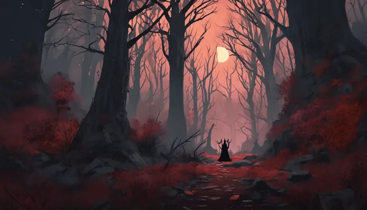 There is a magician in a forest with a full moon in the background, Gothic forest, Fundo escuro da floresta, Castlevania Inspirado, Dark forest scenery, Fundo sombrio da floresta, fundo da floresta, fundo escuro da floresta pastel, inside an epic gothic fo...