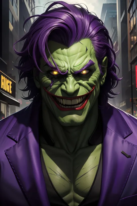 masterpiece, best quality, high details, highres, ((ccurate)) , Jokers twisted transformation into the Hulk, chaotic and unpredictable, green-skinned with wild purple hair, torn purple suit, a maniacal expression on his face, smashing through the city with...