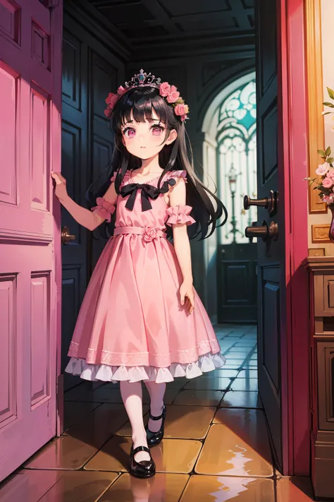 A little princess enters through the door a royal dress with a slight shine behind her black hair pink eyes a child