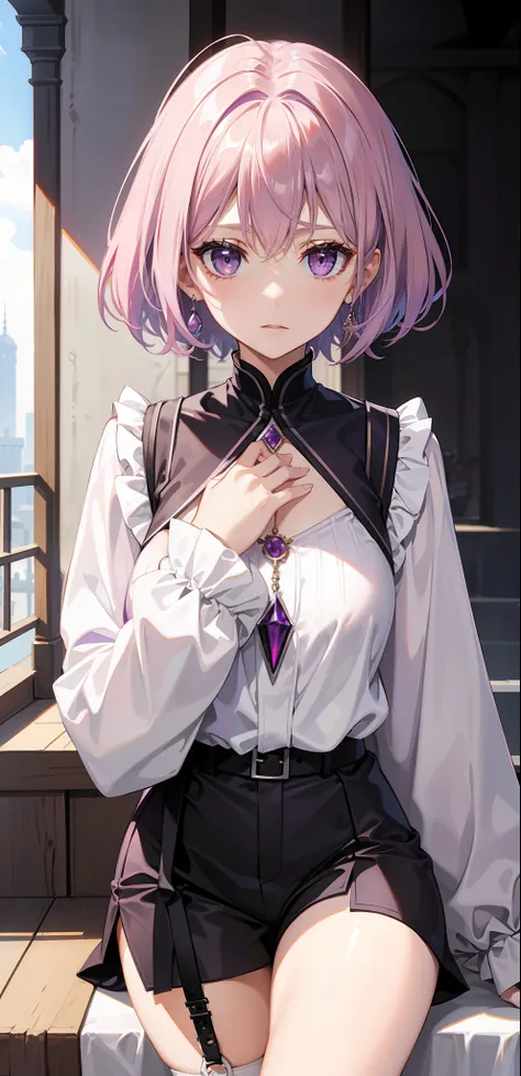 Short thin purple hair，Pink eyes，Royal sister，Coiled hair，White color blouse，Long sleeves，Hold your hands to your chest，Black  shorts，blacksilk，close-up on legs，