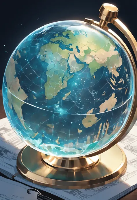 A globe seen from above, with an intricately detailed glass magnifying glass positioned on top of it. The magnifying glass focuses on various parts of the world, connecting countries and regions with thin lines. Both the globe and the magnifying glass have...