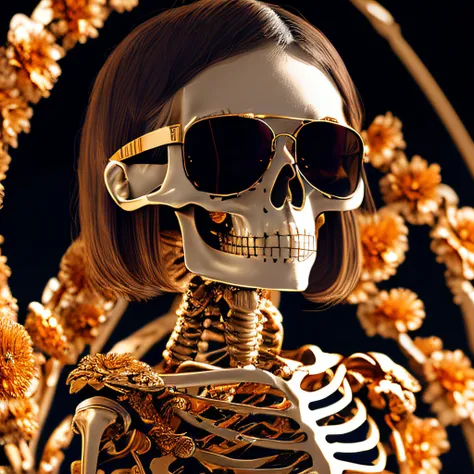 Skeleton rust wind，Wear thick gold-framed reflective sunglasses，32K（tmasterpiece，k hd，hyper HD，32K）Light chrysanthemum flowing hair，Silver skull jewelry area in the cave，Indigo Skull King ，ice hockey（The skeleton is realistic：1.4），Skull pattern robe，Silver...