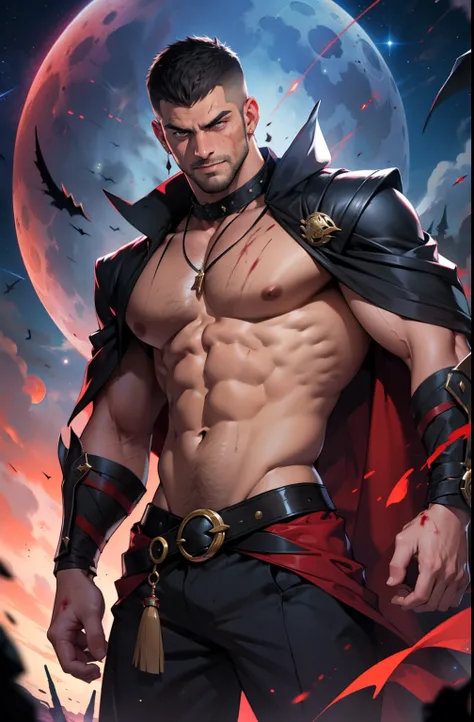 A naked muscle male, sorcerer, sorcerer clothing, blood moon, magic power, Handsome face，eyes with brightness，The man looks confident and determined, crew cut, Stars dot the sky, night sky looks sinister and dangerous