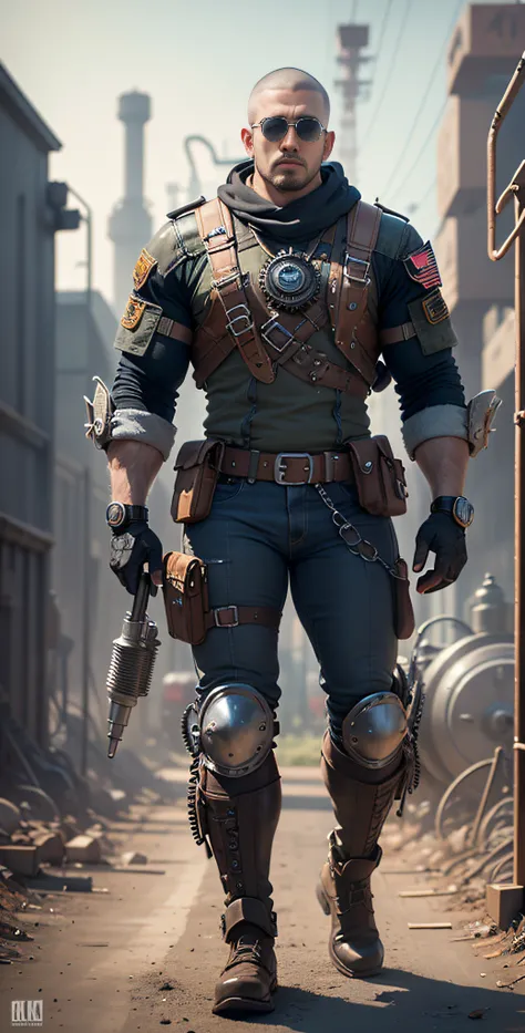 Male on the Wasteland, tall and burly, pure white tights, big muscles, big bumps, Buzz cut, black sunglasses, black military boots, buzz cut, steampunk style, steampunk art, complex mechanical devices such as gears, pipes, valves, (huge industrial building...