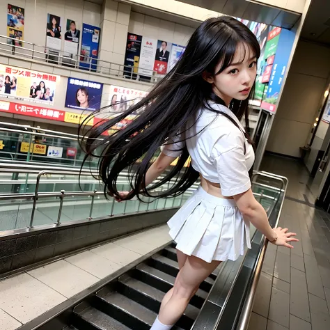 Top quality, panties only angle: 2.0, white shirt: 2.0, black skirt: 2.0, (((skirt, angle from directly underneath)), cute girl in Japan, background: (escalator, Japan mall), (2 girls), chubby ass, school uniform, closeup, panties closeup: 2.0, white panti...