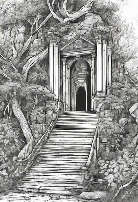 Drawing of a person walking up a set of stairs, Rough sketch, detailed but rough, secret overgrown temple, speedpaint, rough abstract sketch, old sketch, digital sketch, forest portal, sketchy artstyle, drawn in microsoft paint, entrance to ethereal realm,...