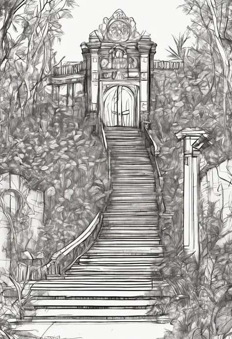 Drawing of a person walking up a set of stairs, Rough sketch, detailed but rough, secret overgrown temple, speedpaint, rough abstract sketch, old sketch, digital sketch, forest portal, sketchy artstyle, drawn in microsoft paint, entrance to ethereal realm,...