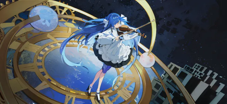 Blue hair Wearing white skirt Girl Universe and Earth Stand on the time plate and play the violin