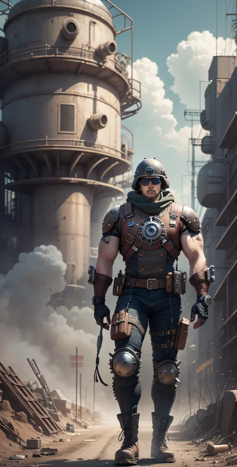 Male on the Wasteland, tall and burly, pure white tights, big muscles, big bumps, Buzz cut, black sunglasses, black military boots, buzz cut, steampunk style, steampunk art, complex mechanical devices such as gears, pipes, valves, (huge industrial building...