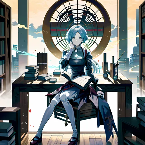 premiumquality，tmasterpiece，blonde eyes, light blue short hair, anime girl sitting on library table reading a book, anime key vi...