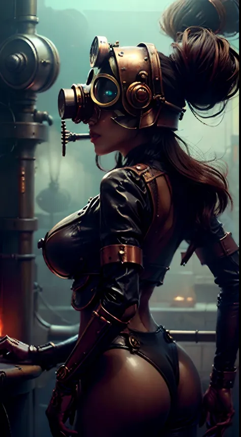 Theres a sexzy african woman with a steam-powered dusky skin, with big boobs,Royal look,helmet, arte conceitual steampunk, sexzy full body view, flying,Wojtek FUS, arte digital steampunk, detailed wild steampunk illustration, Portrait of a gold and copper ...