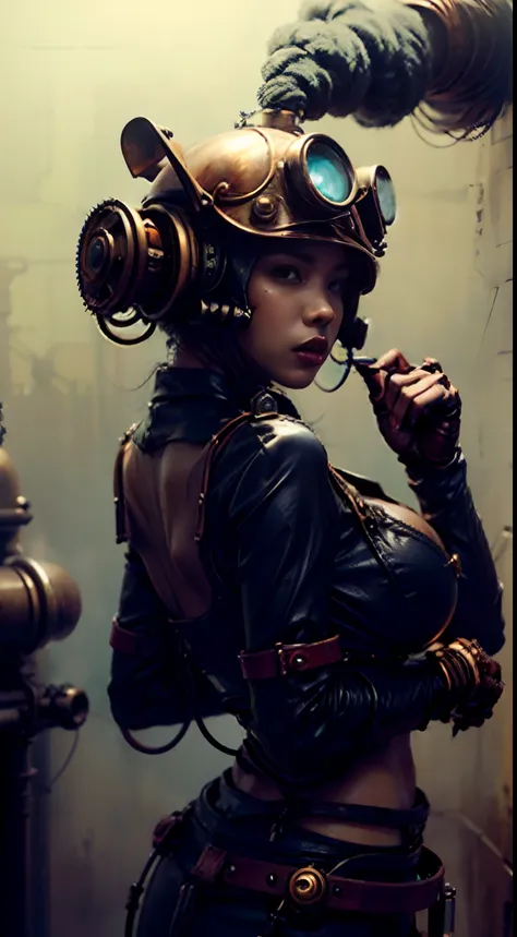 there's a sexzy african woman with a steam-powered dusky skin, with big boobs,royal look,helmet, arte conceitual steampunk, sexz...