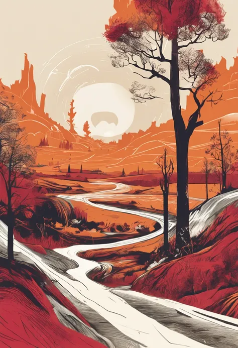 The cover highlights a winding road that stretches from the horizon to the foreground, flanked by tall trees and dense forests. Near the road, there is an old open book, whose pages metamorphose into abstract shapes. The scene is illuminated by the spill o...