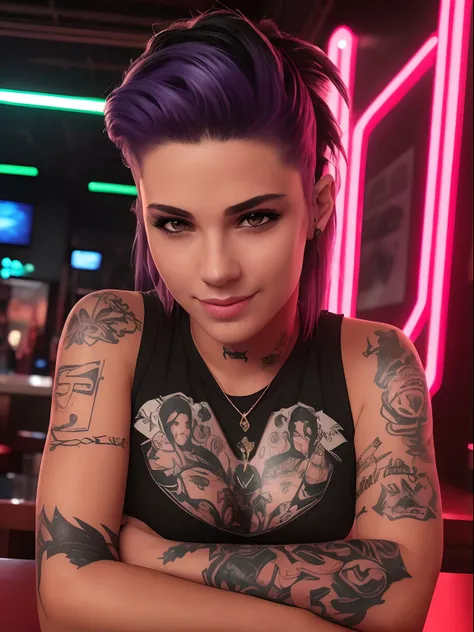 Foto da obra-prima de uma jovem mulher, (sorrindo: 1.2), mulher, cabelo punk, Tatuado, Cyberpunk, sentado em um bar Cyberpunk, Pose sedutora, grumpy lighting, retroiluminado, realista, neon lighting in the background