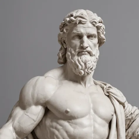 (Professional 3D rendering:1.3) de (Realistic:1.3) Foto de arte mais bonita do mundo，Statue man alone with very beautiful muscle, barba e cabelos grandes, Greek statue style, imagem em escala cinza, in a position of grandeur, mostrando da cintura para cima