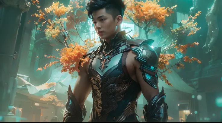 1boy, photo of very very handsome suave smiling young 25-year-old male Chinese prince, clothed in futuristic cybernetic armor, wearing a large futuristic crown, walking in an ethereal enchanted forest with neon glowing flowers and a rainbow in the sky, sci...