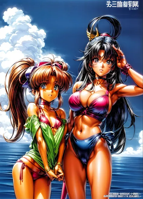 a close up of two women in bikinis standing next to each other, ikki tousen, style of masamune shirow, by Masamune Shirow, manga and anime 1990 high detail, gainax anime style, studio gainax illustration, 9 0s anime, 90s anime, 9 0 s anime art style