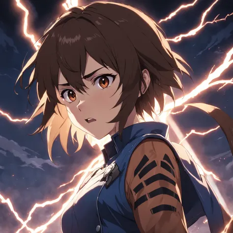 masterpiece, best quality, movie still, man, lightning, rage, close-up, angry, silver ninja, brown hair, brown eyes, lightning aura, hard lighting, thunderclouds, (sparks:0.9)