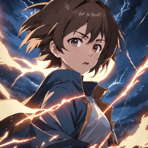 masterpiece, best quality, movie still, man, lightning, rage, close-up, angry, silver ninja, brown hair, brown eyes, lightning aura, hard lighting, thunderclouds, (sparks:0.9)