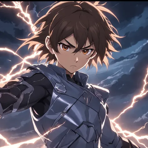 masterpiece, best quality, movie still, man, lightning, rage, close-up, angry, silver ninja, brown hair, brown eyes, lightning aura, hard lighting, thunderclouds, (sparks:0.9)