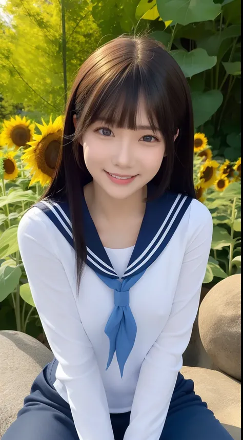 A smiling girl，Wear a tight sailor suit，denim pant，sitting on a large stone，There are a lot of sunflowers around，com rosto detalhado，The eyes are delicate，The photo quality is the best，Realistic image quality，Background diffuse lighting，Depth of field disp...