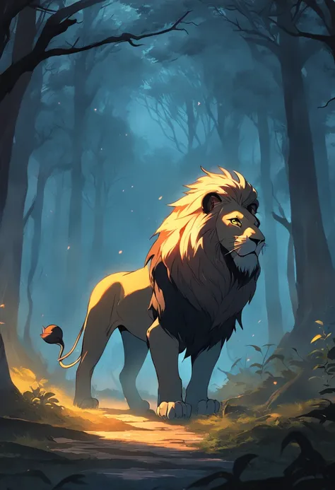 "((masterpiece)) Lion in the ((foggy)) magical dark forest at late dusk time, with ((strong dark shadows recommended for scene:1.2)), a glowing magical lion, fierce, concept art, digital painting."