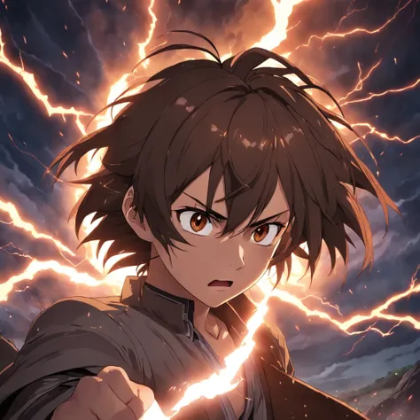 masterpiece, best quality, movie still, man, lightning, fury, close-up, angry, silver ninja, brown hair, brown eyes, lightning aura, hard lighting, thunderclouds, (sparks:0.9)