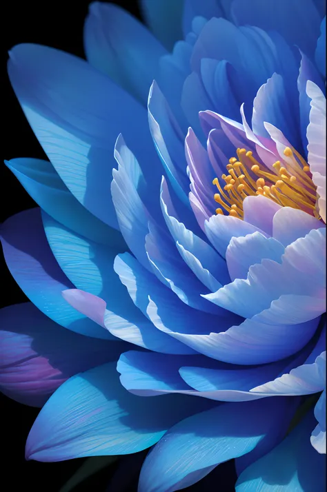 masterpiece, best quality, illustration, blue flower, (dynamic lighting: 1.2), cinematic lighting, delicate strokes, close-up of a flower on a black background, bright delicate flower, bright platinum-colored veins, luminous flowers, bright flowers , ether...