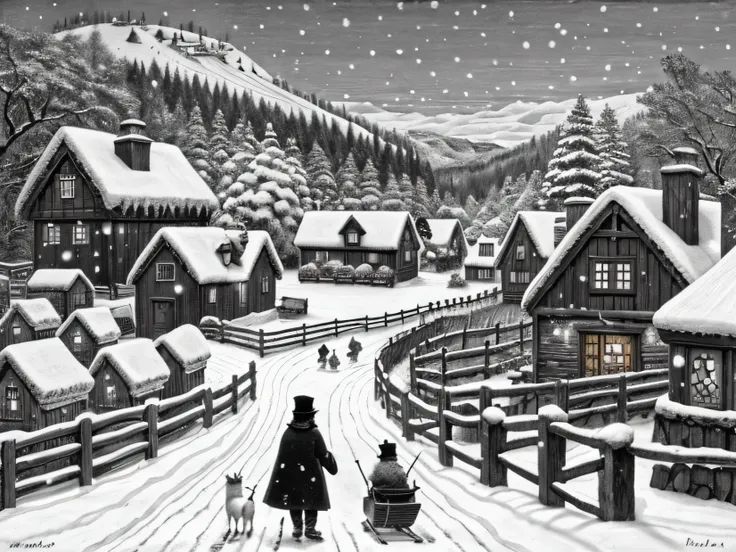 a black and white drawing of a village with a snowman and a sled, snowy winter scene, inspired by Terry Redlin, inspired by Myles Birket Foster, winter scene, inspired by Wenceslas Hollar, winter scene fantasy, pen and ink monochrome, snow scene, black and...