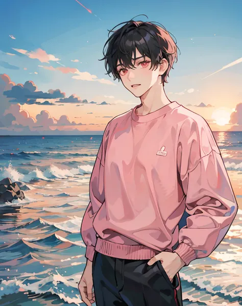 tmasterpiece， beachside， the sunset， A boy， with short black hair， red eyes， Pink sweatshirt， The upper part of the body， sportrait