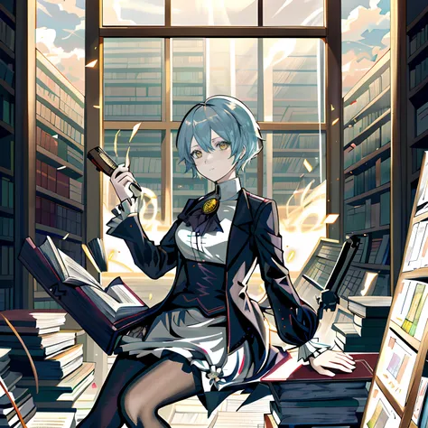 premiumquality，tmasterpiece，blonde eyes, light blue short hair,anime girl reading in library in black pantyhose, anime key visua...