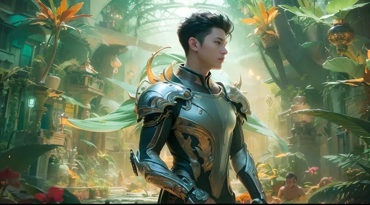 1boy, photo of very very handsome suave smiling young 25-year-old male Chinese prince, clothed in futuristic cybernetic armor, wearing a large futuristic crown, walking in an ethereal enchanted forest with neon glowing flowers and a rainbow in the sky, sci...