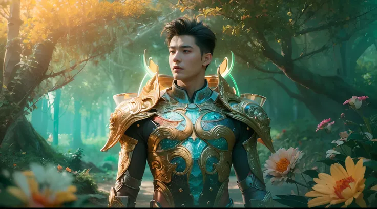 1boy, photo of very very handsome suave smiling young 25-year-old male Chinese prince, clothed in futuristic cybernetic armor, wearing a large futuristic crown, walking in an ethereal enchanted forest with neon glowing flowers and a rainbow in the sky, sci...