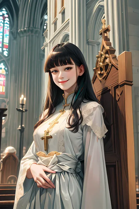 (absurdres, highres, A highly detailed), 1girl, 独奏, mature, seniors, (long  hair, blunt bangs), Baroque, Long dress, Long Sleeve, stylish, Colored, highest details, Upper body, cathedral, holy, smile, (closed mouth), dutch angle