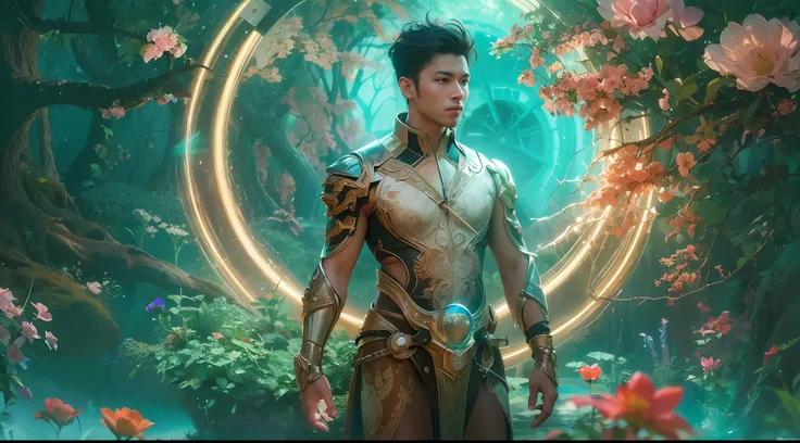 1boy, photo of very very handsome suave smiling young 25-year-old male Chinese prince, clothed in futuristic cybernetic armor, wearing a large futuristic crown, walking in an ethereal enchanted forest with neon glowing flowers and a rainbow in the sky, sci...