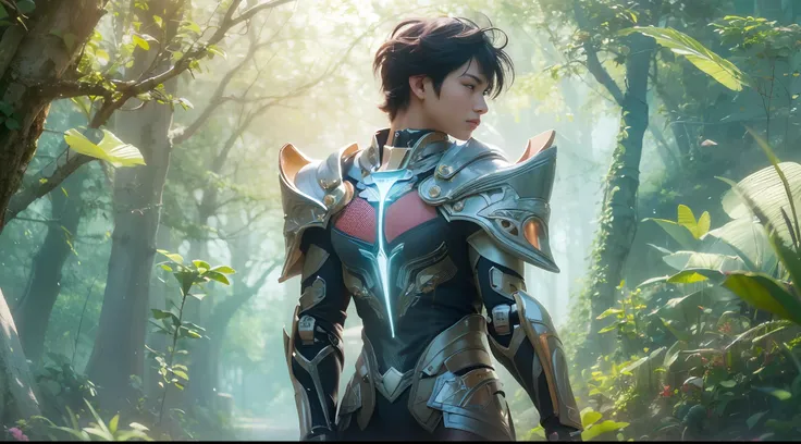 1boy, photo of very very handsome suave smiling young 25-year-old male Chinese prince, clothed in futuristic cybernetic armor, wearing a large futuristic crown, walking in an ethereal enchanted forest with neon glowing flowers and a rainbow in the sky, sci...