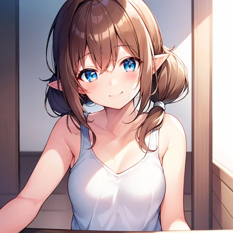 1girl, smiling, smile, light blush, pointy ears, brown hair, ((low twintails)), light blue eyes, white tank top, masterpiece, close up,