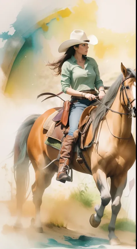 aquarelle，​masterpiece，The western cowgirl is riding a horse