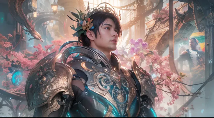 1boy, photo of very very handsome suave smiling young 25-year-old male Chinese prince, clothed in futuristic cybernetic armor, wearing a large futuristic crown, walking in an ethereal enchanted forest with neon glowing flowers and a rainbow in the sky, sci...