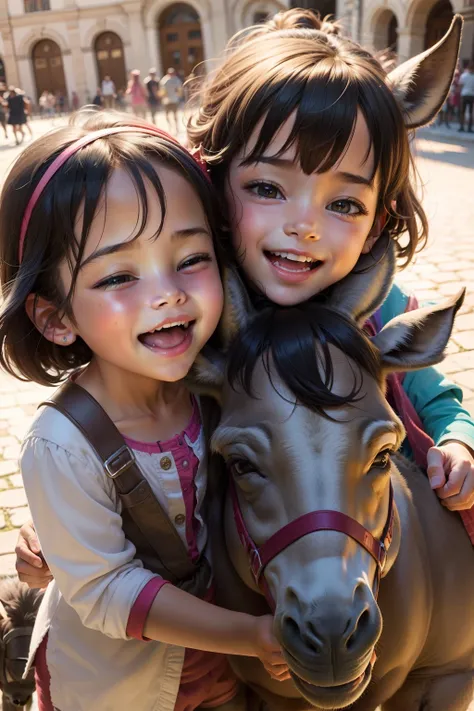 Children having fun and laughing while chatting with a friendly donkey in the square.