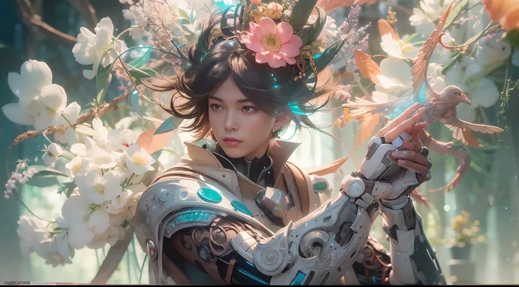 1boy, photo of very very handsome suave smiling young 25-year-old male Chinese prince, clothed in futuristic cybernetic armor, wearing a large futuristic crown, walking in an ethereal enchanted forest with neon glowing flowers and a rainbow in the sky, sci...