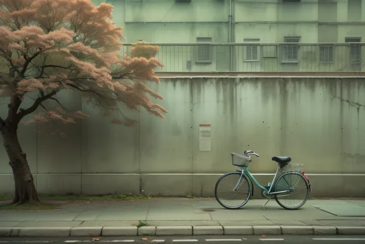 urban background with a bicycle and a tree