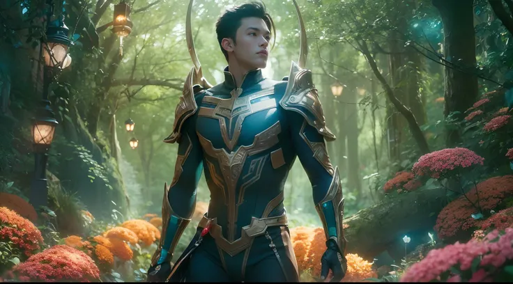 1boy, photo of very very handsome suave smiling young 25-year-old male Chinese prince, clothed in futuristic cybernetic armor, wearing a large futuristic crown, walking in an ethereal enchanted forest with neon glowing flowers and a rainbow in the sky, sci...