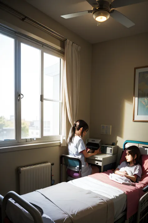 In the ward，Girl sitting on hospital bed，Look up at the tree outside the window，A man stands by the bed