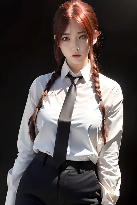 best quality, ultra high res, (photorealistic:1.4), 1girl, makima, long braided hair, white shirt, black tie, black tight long pants, (red hair:1), looking at viewer, full body, serious face, yellow eyes, sexy pose, sharp stare eyes, realistic