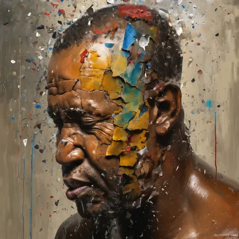 Arafed man with a broken head and broken glass on his face, Ogive explosive, Machine parts embedded in the face, Volatil, inspired by Igor Morski, Dramatic artwork, photomanipulation, Manipulation de photos, Disintegration, headbang until your brain bleeds...