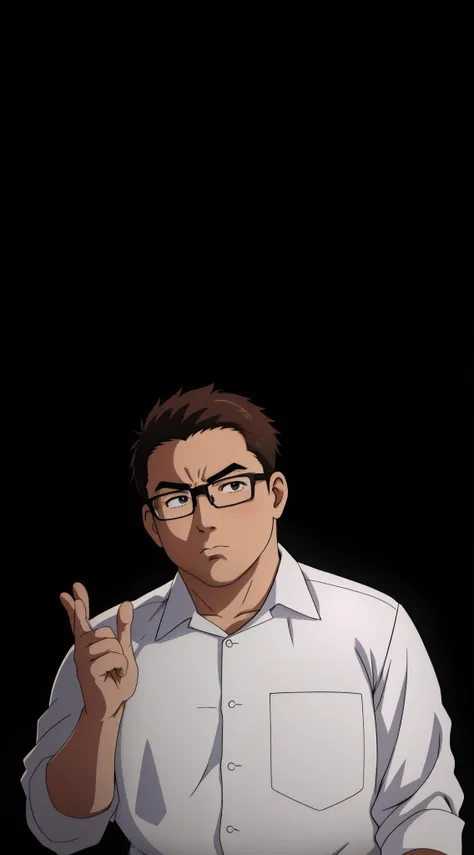 Fat Anime man with a glasses, serious face