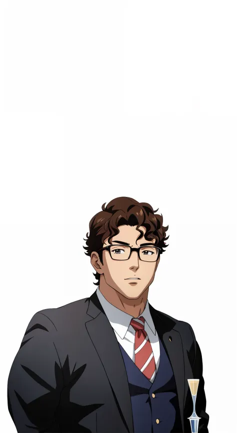 Anime man with a glass, mild curly hair